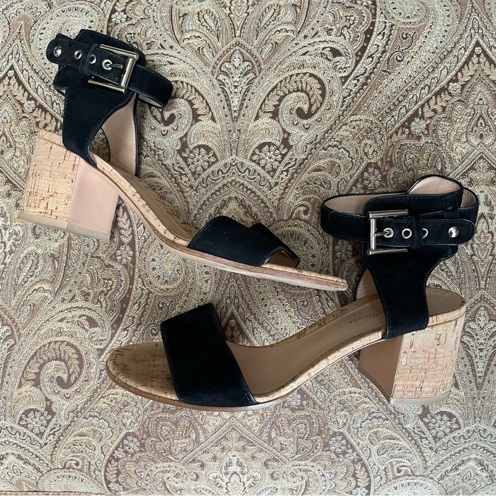 Gianvito Rossi Rikki Low Sandals Black Suede Buckle Cork Heel Size 9